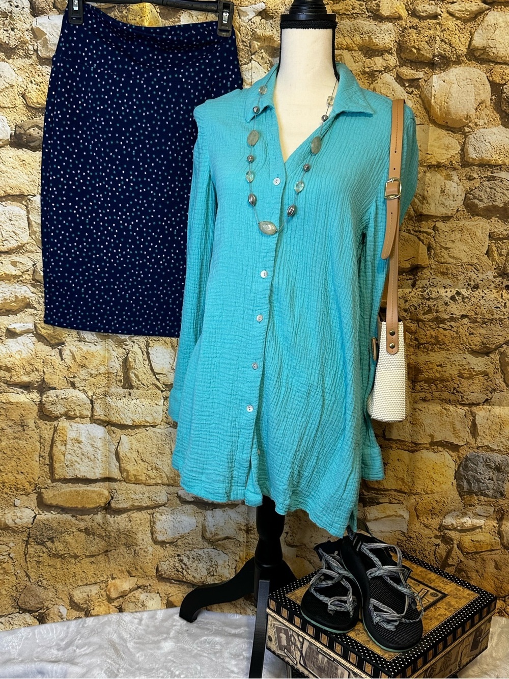 LuLaRoe Cassie Pencil Skirt in Blue with Polka Dot Print